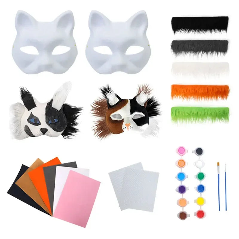 DIY Animal Cat Fox Mask Kit - Half Face Hand Drawn Costume Mask for Kids & Adults