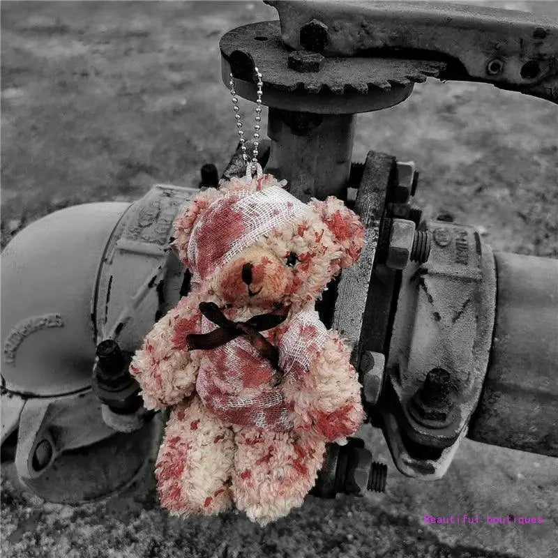 Halloween Bloody Plush Bear Keychain for Bags & Keys - Injured Animal Pendant