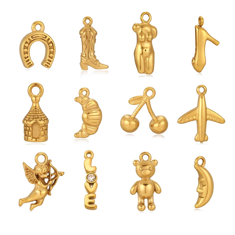 Set of 3 Stainless Steel Charms for Jewelry Making - Airplane, Cowboy Boot, Ox Horn Pendants, Waterproof Findings