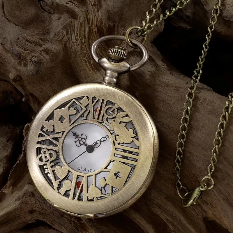 Vintage Bronze Quartz Pocket Watch with Chain - Women Gift Pendant