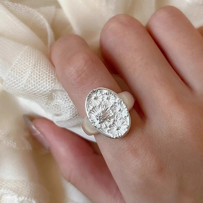 Vintage Daisy Flower Open Ring for Women Zircon Jewelry Gift Party Accessory