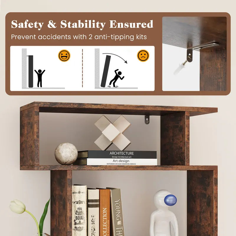 6-Tier S-Shaped Geometric Bookcase with Anti-Tip Kits, Space-Saving Storage Shelf