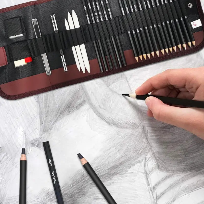 29-Piece Drawing Kit Set with Sketching Pencils Charcoal Sticks Eraser & Sharpener