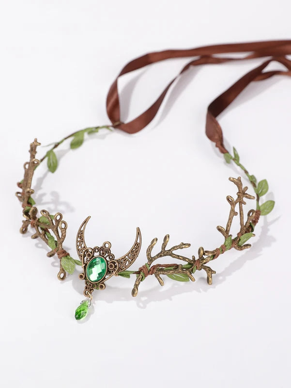 Fairy Moon Headband with Green Gemstone Branch for Halloween & Photo Shoots