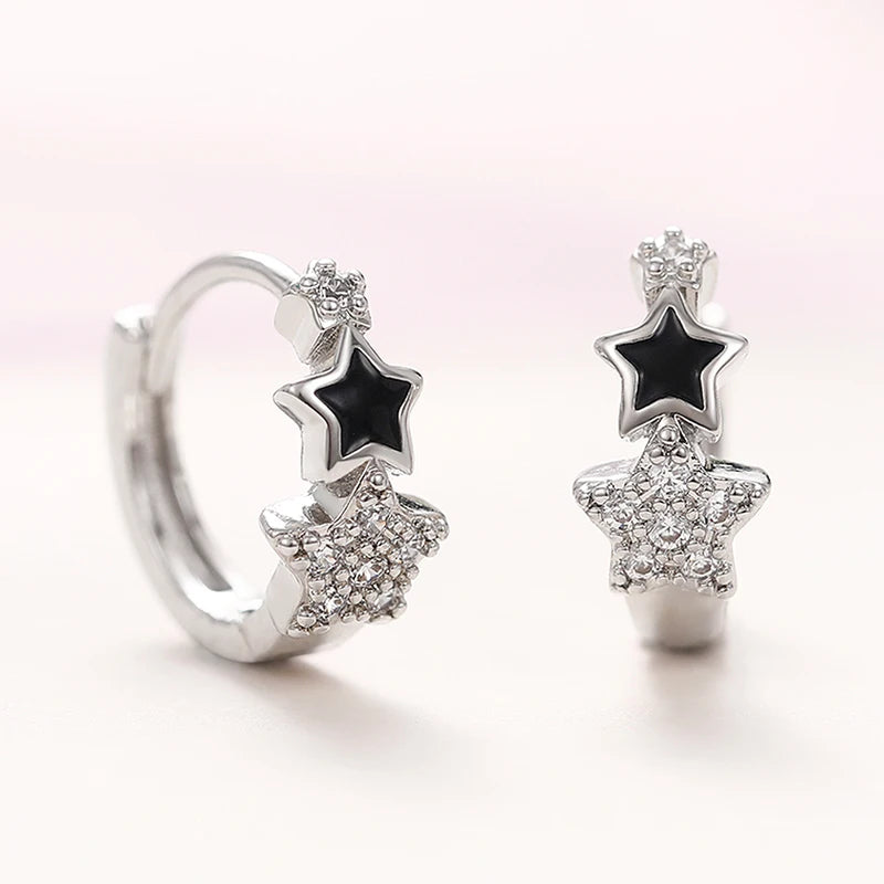 Women Star Hoop Earrings with CZ and Black Enamel - Delicate Circle Jewelry