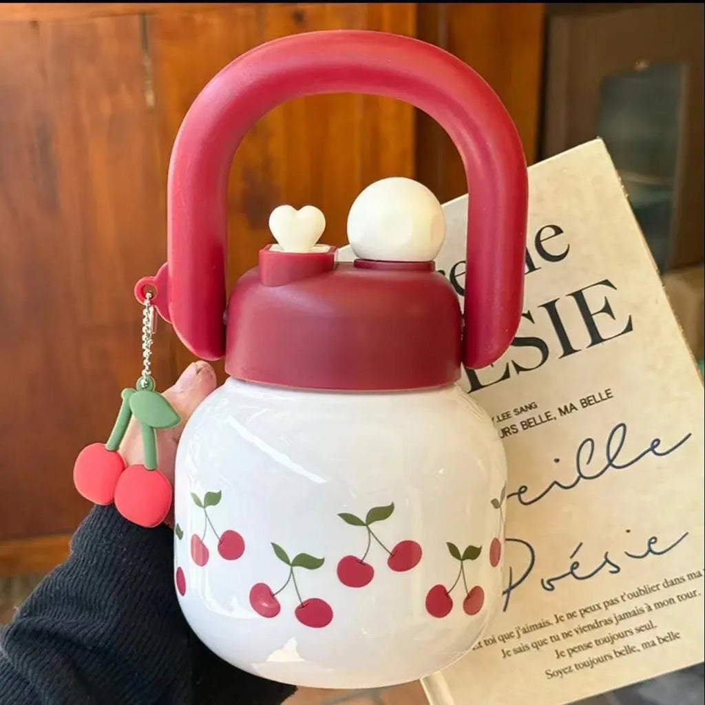 800ML Cute Cherry Water Bottle with Straw - Large Capacity Travel Mug