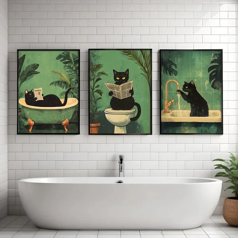 Funny Black Cat Bathroom Wall Art Canvas Poster - Animal Toilet Decor for Living Room Bedroom Home