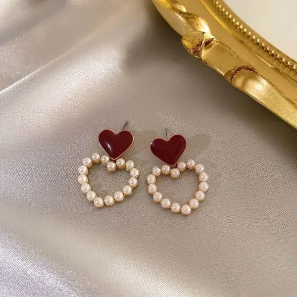 Pink Heart Shape Bowknot Stud Earrings with CZ Zircon for Women