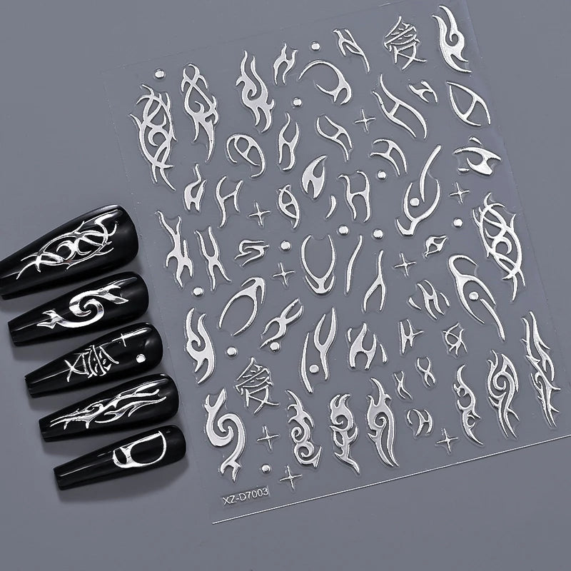 12pcs 3D Metallic Nail Stickers Chrome Stars Hearts Irregular Flames Self-Adhesive Manicure Decals