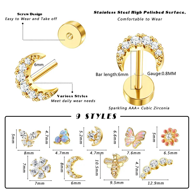 Cartilage Earrings Stud for Women Surgical Steel Butterfly Flower Helix Tragus Jewelry