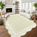 8x10 Beige Scalloped Edge Washable Area Rug - Low Pile, Stain-Resistant Floor Carpet for Living Room & Bedroom
