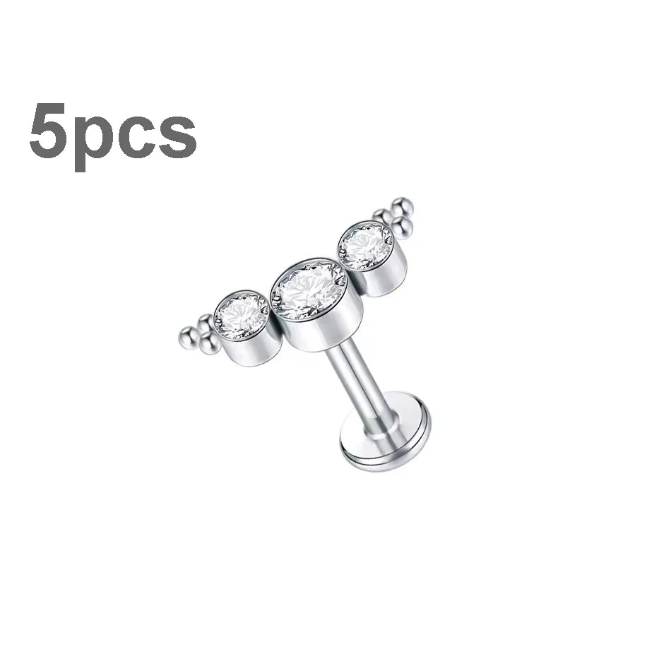 5-Piece Titanium CZ Ear Jewelry Set for Tragus Helix Daith Lip Lobe Ring Body Piercing