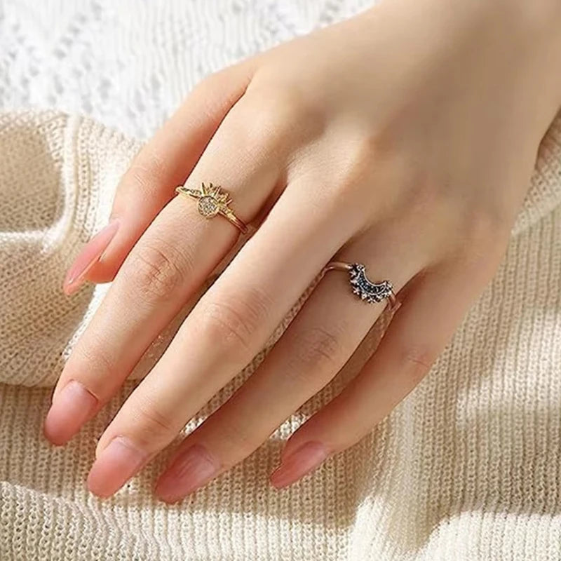 Sun and Moon Couple Ring Set Sterling Silver with Cubic Zirconia for Valentines Day