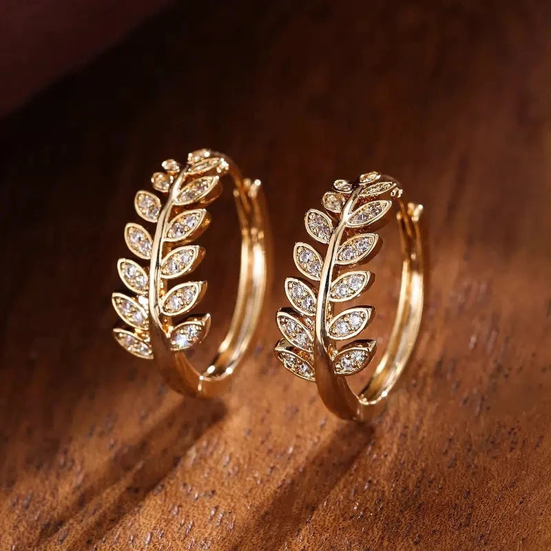 Simple Leaf Olive Hoop Earrings for Women - Crystal CZ Jewelry
