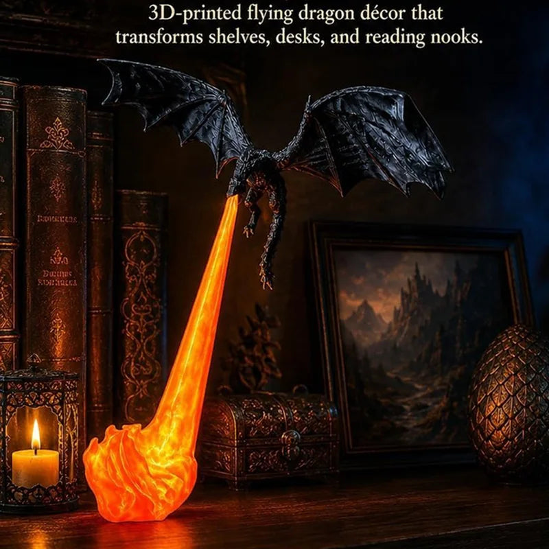 Fire Breathing Dragon Book Nook Light - 3D Printed Flying Dragon Shelf Decor