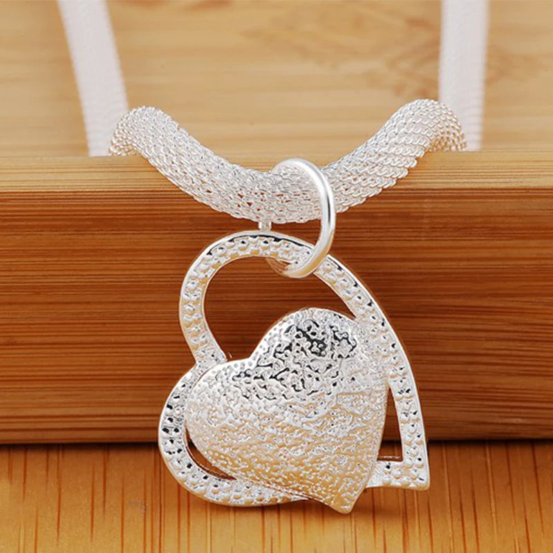 Sterling Silver Double Heart Pendant Necklace 18 Inch for Women Jewelry