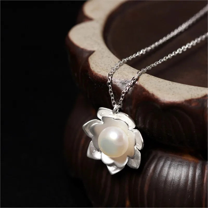 Sterling Silver Jewelry Necklace with White Lotus Shell Beads and Pearl Flower Pendant
