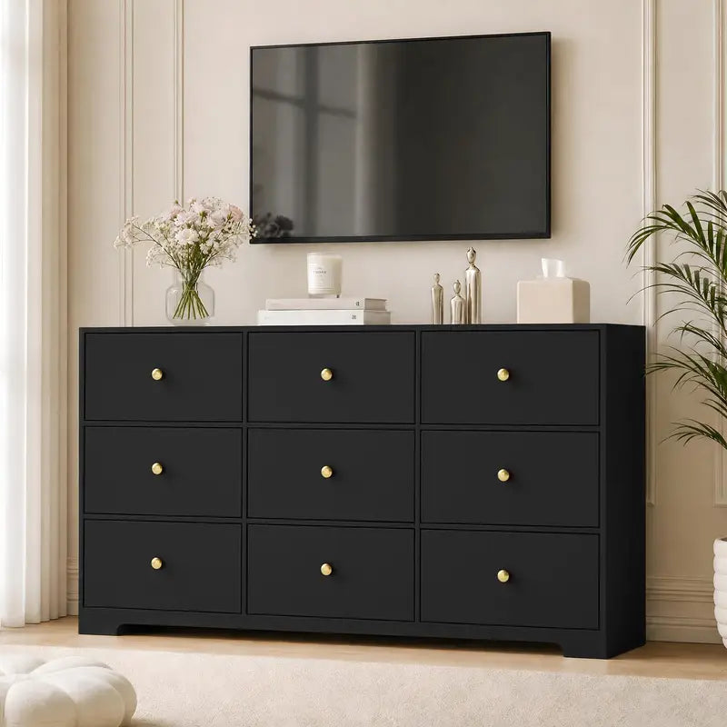 Modern 9-Drawer Dresser with Gold Handles, 57-Inch Wide Storage Chest