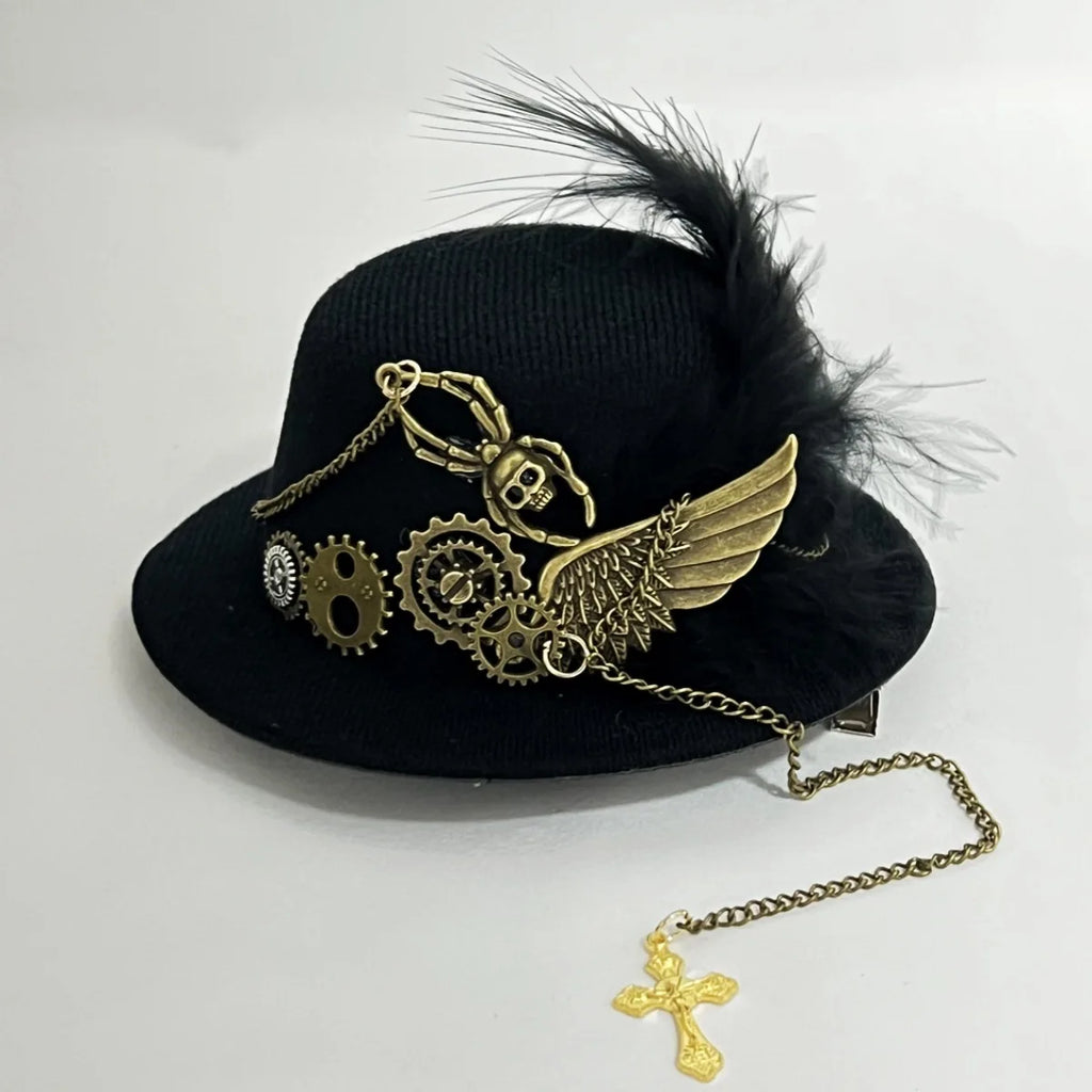 Gothic Mini Top Hat Hair Accessory with Gears Feather Flower for Cosplay & Costume