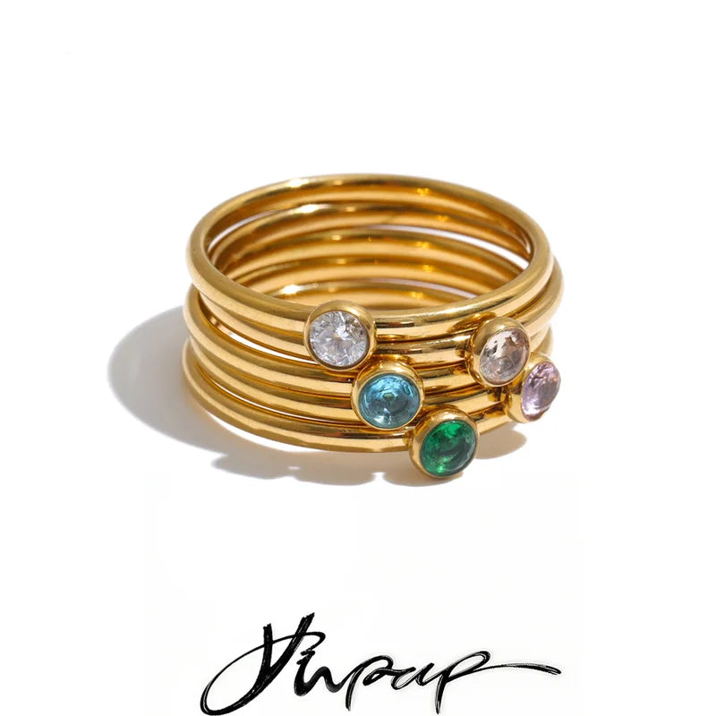 Delicate Stainless Steel CZ Ring Set with Zirconia Layered Design - Multiple Colors