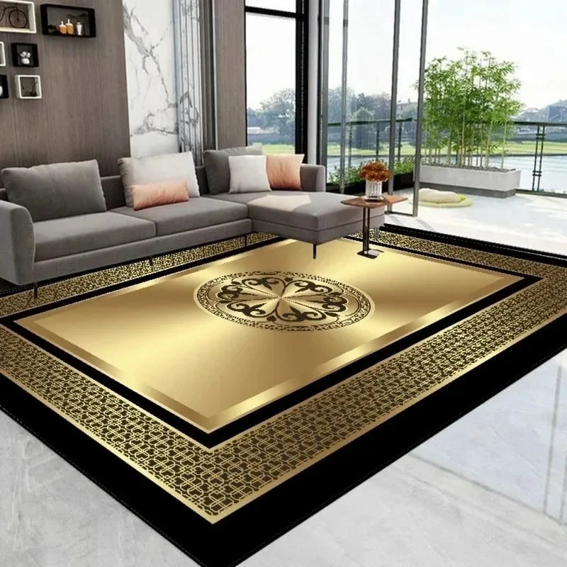 Luxury Golden Black Area Rug - Modern Minimalist Home Decor, Non-Slip Mat for Living Room & Bedroom