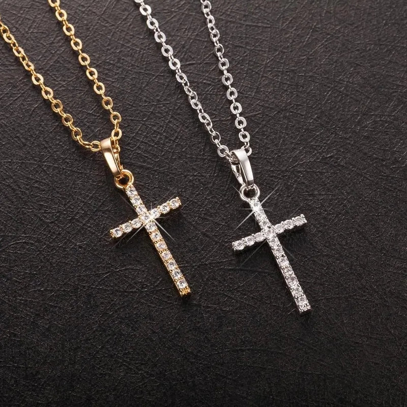 Long Chain Rhinestone Cross Necklace for Women & Men - Silver or Gold