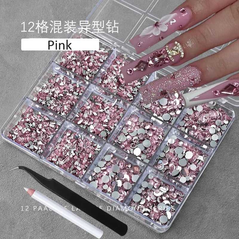 Multi-Shaped Nail Art Rhinestones Kit with Pen & Tweezers - 12 Grids Champagne Gold