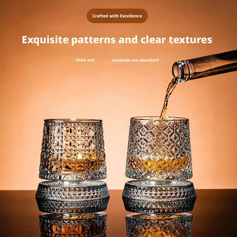 Rotating Whiskey Glass Set 2PCS with Glass Base 360° Spin for Cocktails & Rum