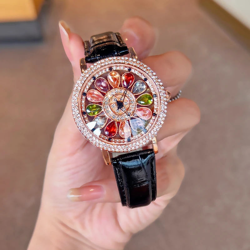 Women's Quartz Watch with Colorful Rhinestone Inlay and Rotatable Dial