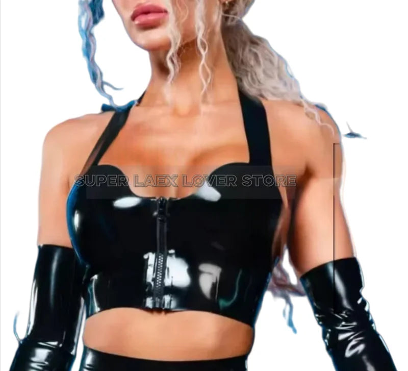 Latex Bustier Crop Top for Women Halter Neck Bodysuit Lingerie Halloween