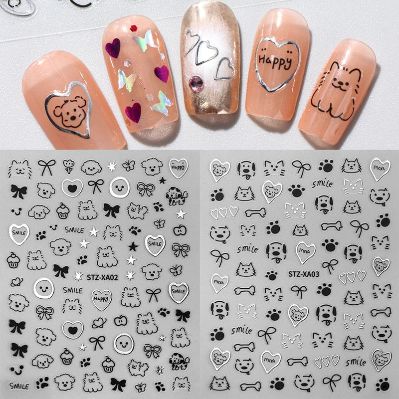 Nail Art Decals & Foils - Cat & Dog Animal Stickers for Manicure, 2 Sheets