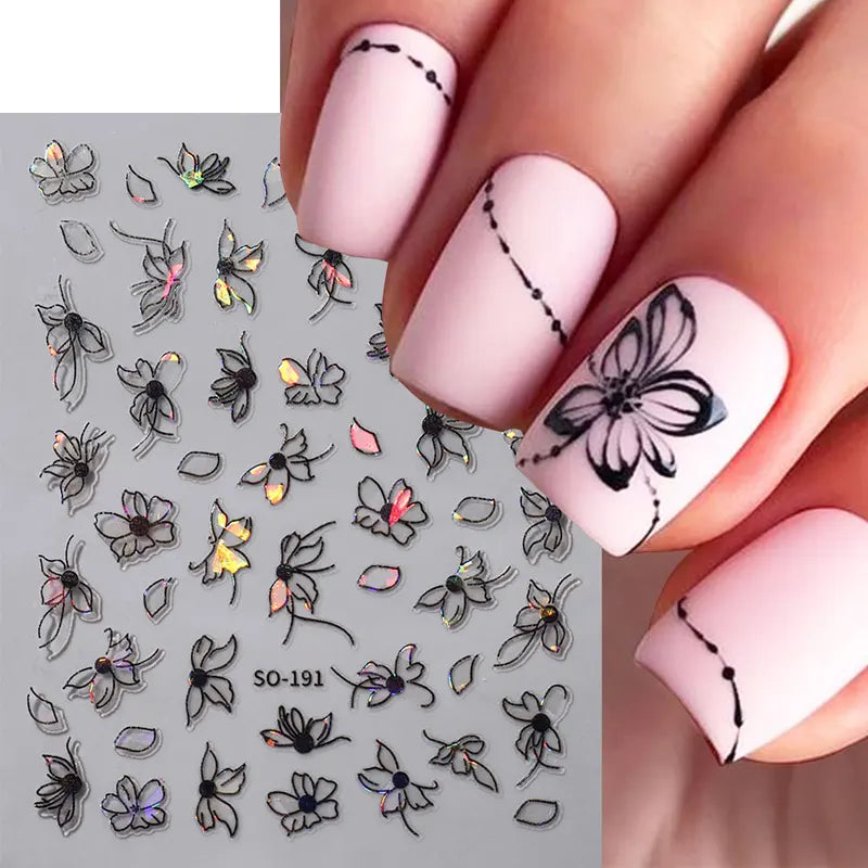 2pcs 3D Black White Flower Nail Art Decals Stickers for Manicure