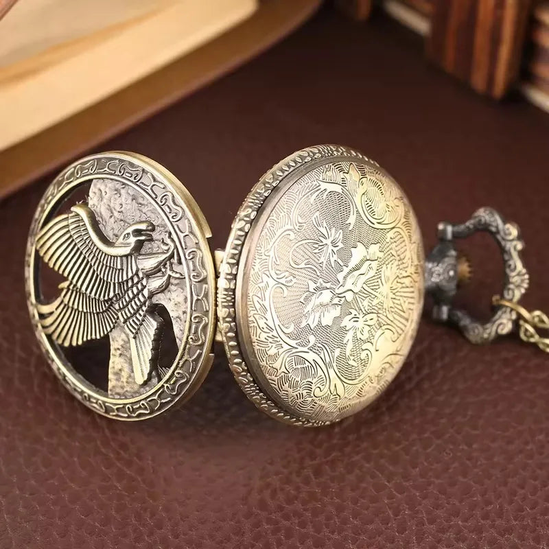 Vintage Steampunk Eagle Pendant Necklace with Bronze Metal Pocket Watch and Chain