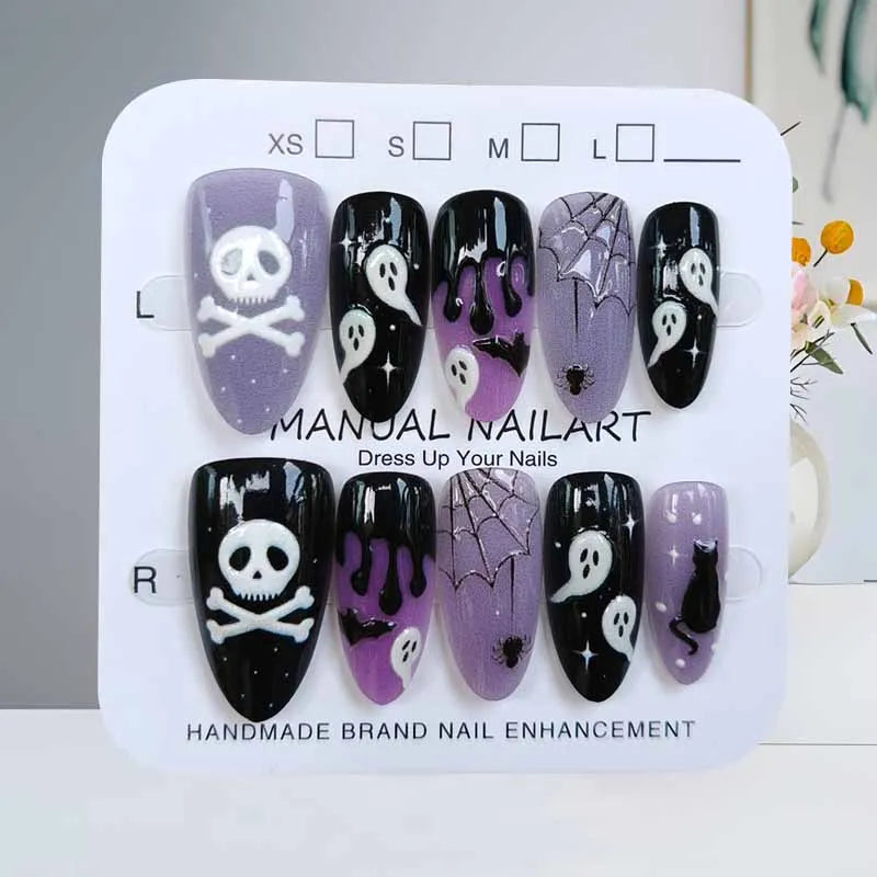 10Pcs French Style Cute 3D Short Almond False Nails with Cat Eye Design
