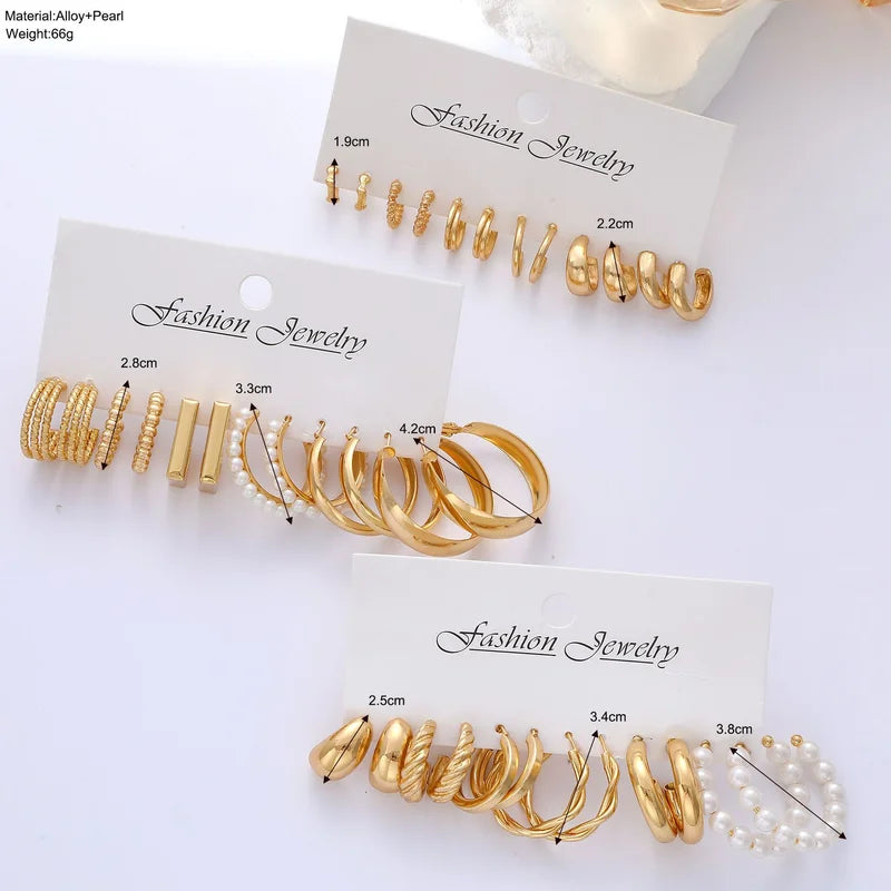 Geometric Hoop Earrings Set for Women Vintage Bohemian Pearl Gold Jewelry Gift