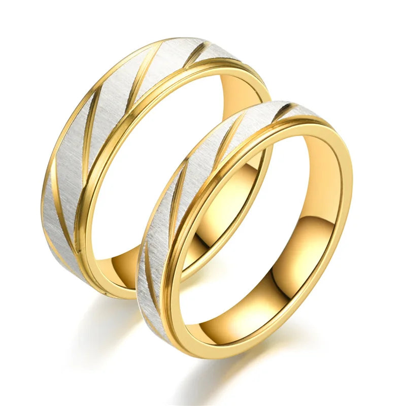 Fashion Stainless Steel Gold Plated Wave Pattern Couple Ring Engagement Wedding Promise Jewelry
