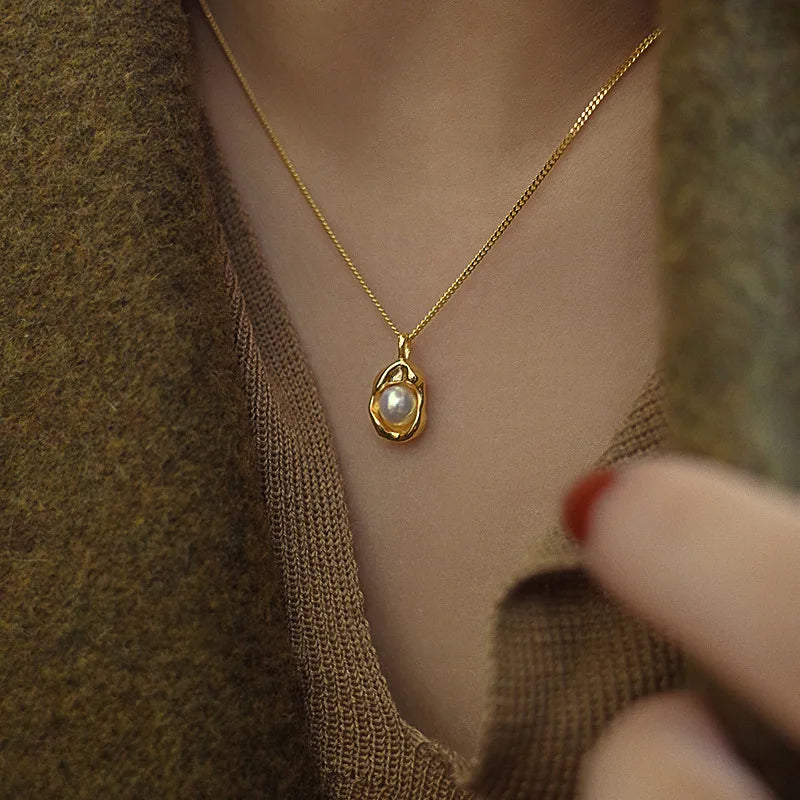 Pearl Pendant Necklace for Women Luxury Stainless Steel Cuban Chain Jewelry