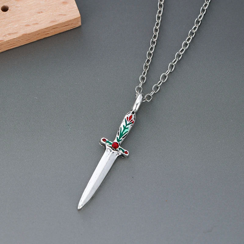 Vintage Silver Sword Pendant Necklace for Women Enamel Flower Dagger Jewelry