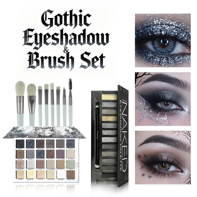 Gothic Core Eyeshadow Palette with 8 Makeup Brushes - Dark Tones, High Pigment, Vegan Formula