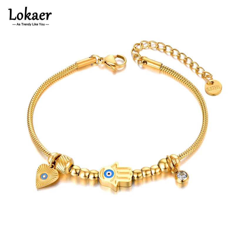 Stainless Steel Fatima Hand Blue Eye Charm Fashion Bracelet for Women
