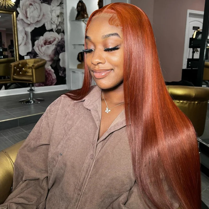 Long 34 Inch Ginger Orange HD Transparent Lace Frontal Wig Brazilian Bone Straight Pre Plucked With Baby Hair