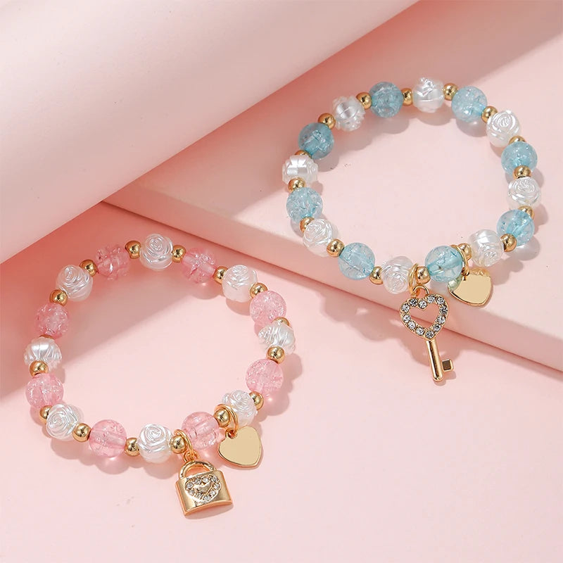 2PCS Heart Charm Key Lock Beaded Bracelets for Girls Friendship & Birthday Gift