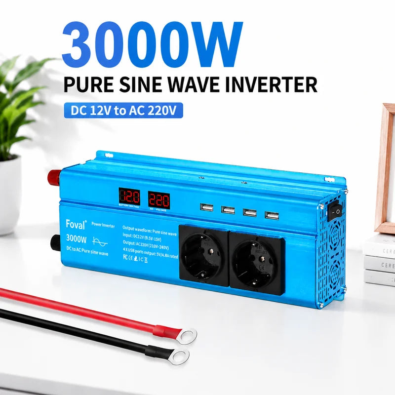 3000W Pure Sine Wave Power Inverter DC12V to AC220V/110V EU US AU Socket USB LED Display