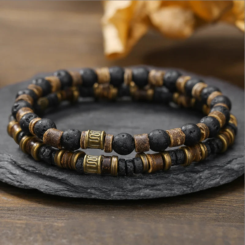 Wood Braided Leather Bracelets for Men 2-Pack Vintage Stone Jewelry Set