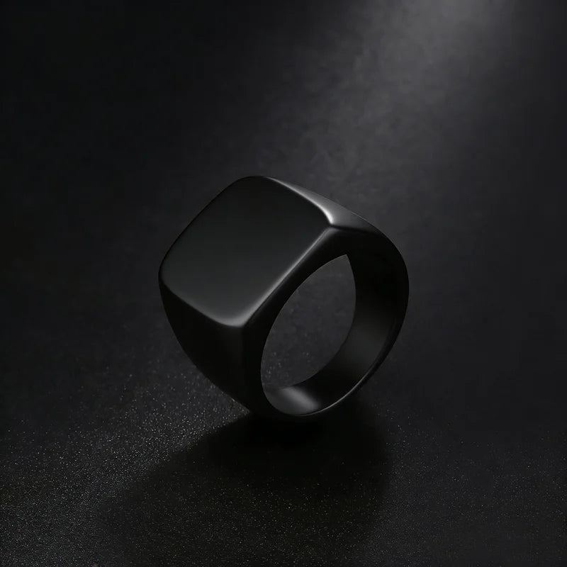 Men's Black Stainless Steel Signet Ring with Infinity Square Design — Wedding & Party Jewelry