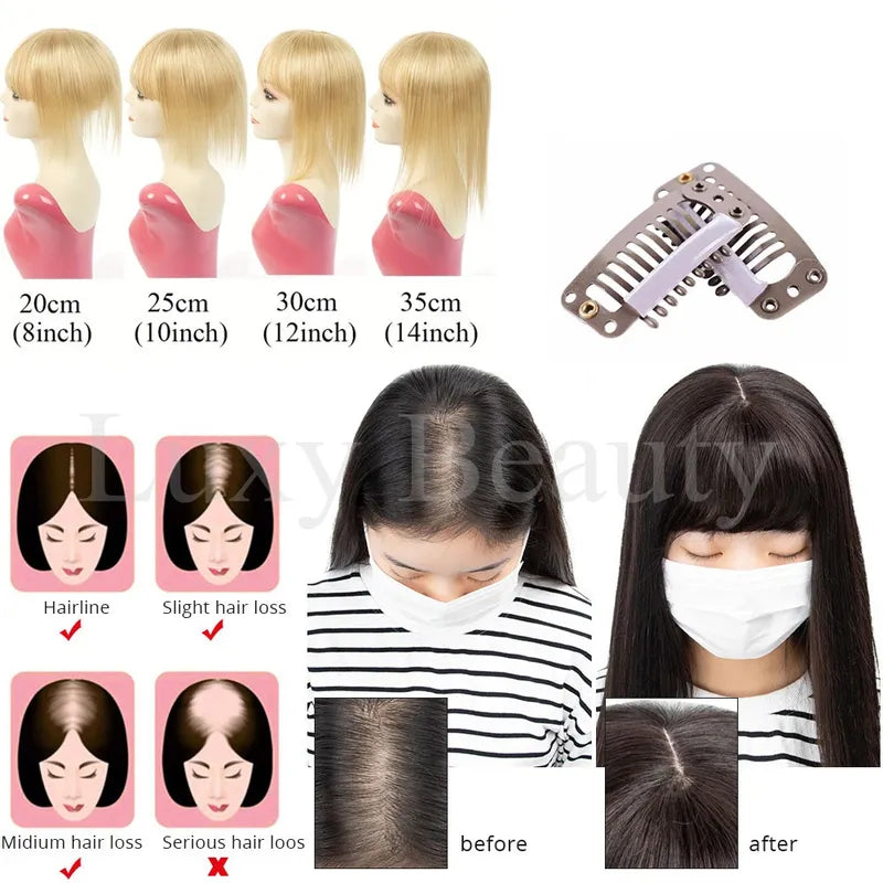 Human Hair Topper with Bangs for Women - Clip-In Hair Pieces, Natural Look