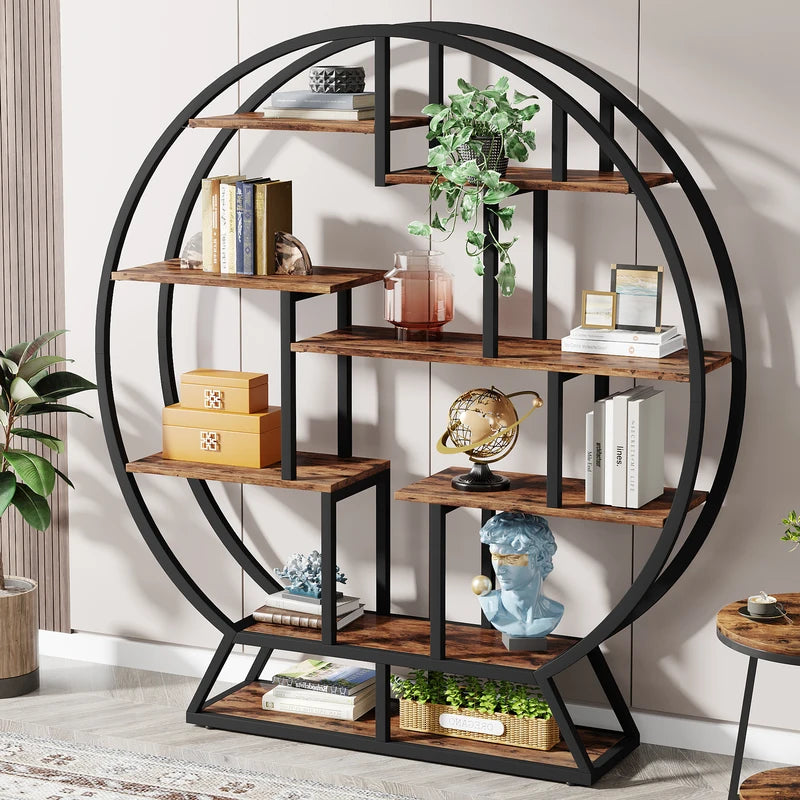 Industrial Round Bookshelf with Staggered Shelves - 63-Inch Wood Bookcase
