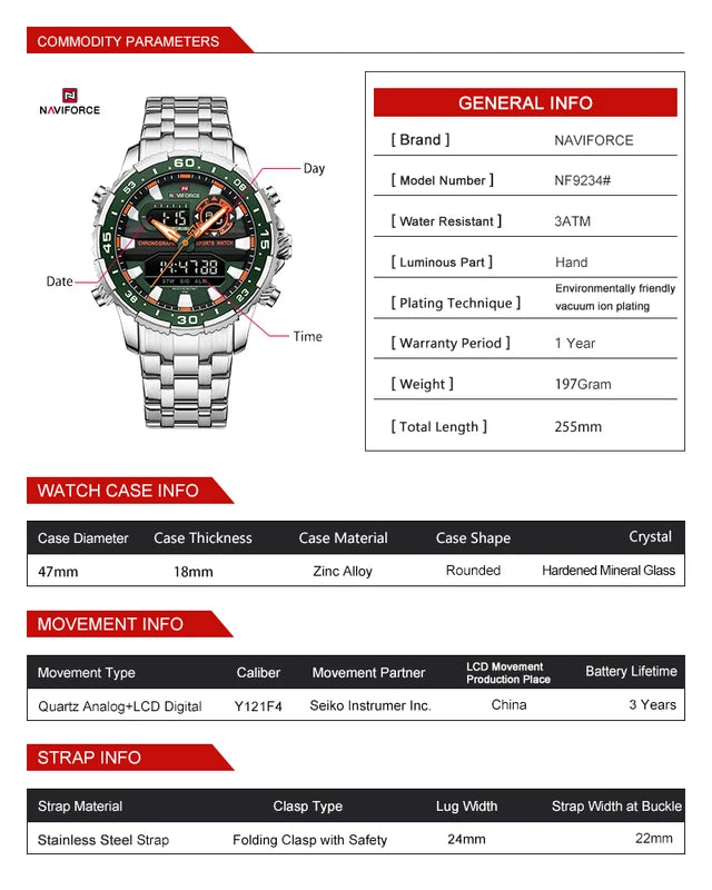 Men's Fashion Sport Waterproof Quartz Wrist Watch with Stainless Steel Strap