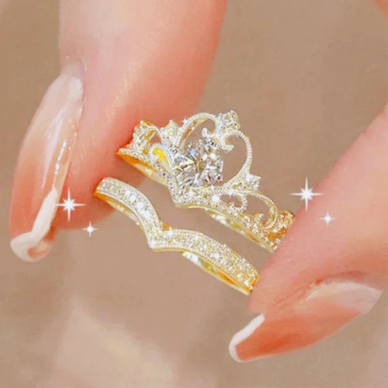 2PCS Adjustable Crystal Crown Rings Set for Women Girls - Vintage Jewelry