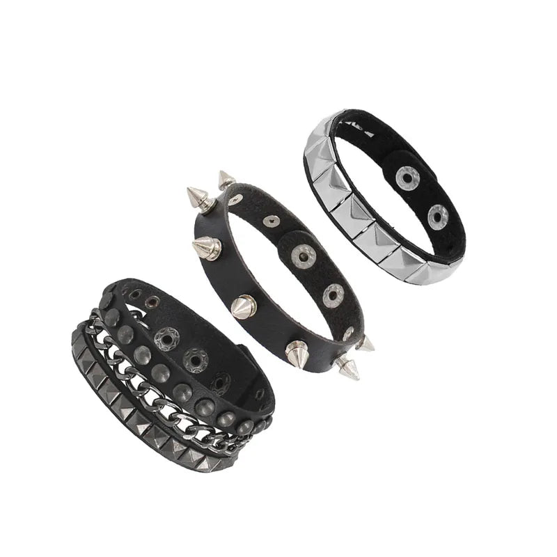 Adjustable Punk Rock Leather Bracelet Set with Spiked Studded Cuffs for Men Women 80s Emo Style